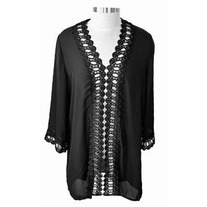 Miyang Women XL Regal Black Crochet Lace Tunic Top Blouse 3/4 Sleeve Pull Over